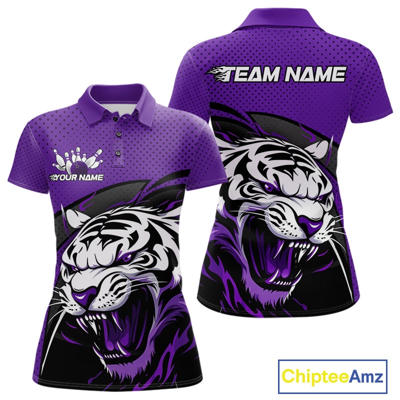 Custom Black And Purple Tiger Bowling Team Polo Shirts For Women, Bowling League Shirt IPHW9020