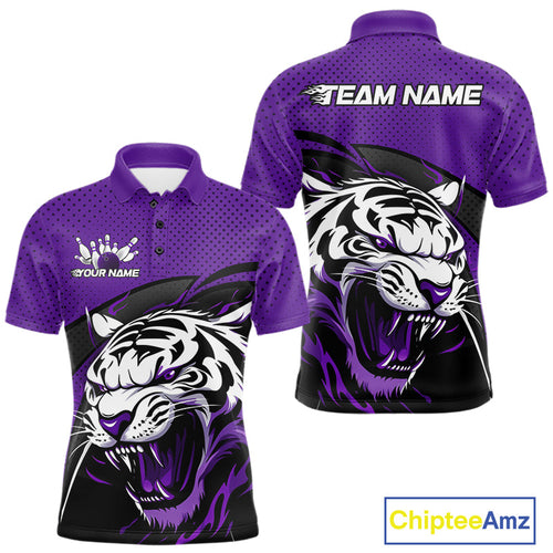 Custom Black And Purple Tiger Bowling Team Polo Shirts For Men, Bowling League Shirt IPHW9020
