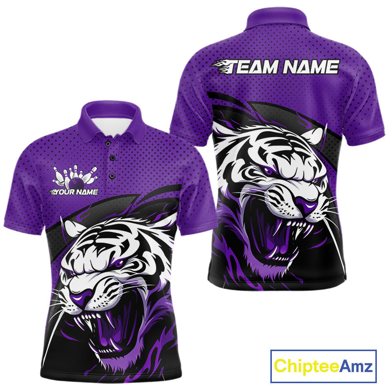 Custom Black And Purple Tiger Bowling Team Polo Shirts For Men, Bowling League Shirt IPHW9020