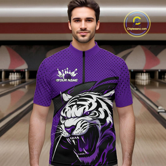 Custom Black And Purple Tiger Bowling Team Quarter-Zip Shirts For Men, Bowling League Shirt IPHW9020