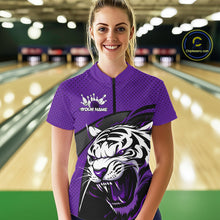 Load image into Gallery viewer, Custom Black And Purple Tiger Bowling Team Women Quarter-Zip Shirts, Bowling League Shirt IPHW9020
