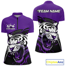 Load image into Gallery viewer, Custom Black And Purple Tiger Bowling Team Women Quarter-Zip Shirts, Bowling League Shirt IPHW9020