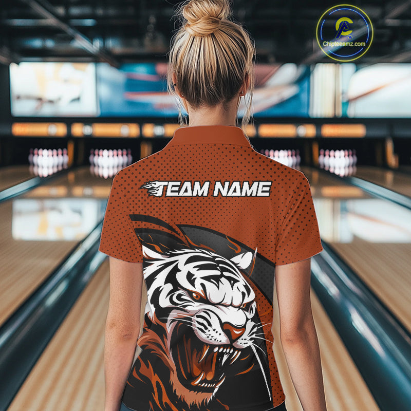 Custom Black And Orange Tiger Bowling Team Polo Shirts For Women, Bowling League Shirt IPHW9021