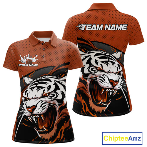 Custom Black And Orange Tiger Bowling Team Polo Shirts For Women, Bowling League Shirt IPHW9021