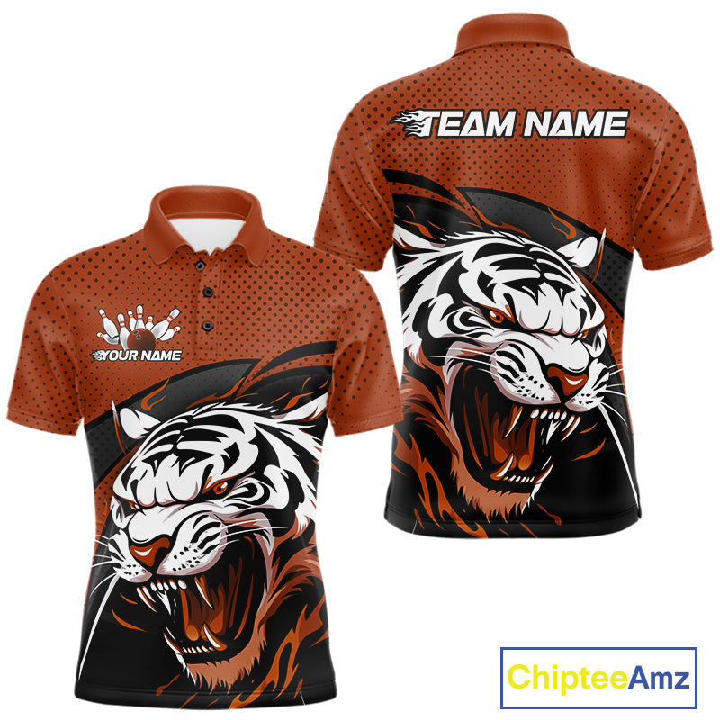 Custom Black And Orange Tiger Bowling Team Polo Shirts For Men, Bowling League Shirt IPHW9021