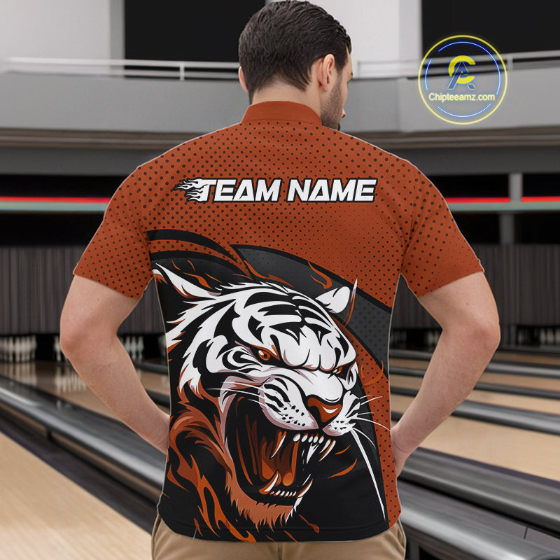 Custom Black And Orange Tiger Bowling Team Quarter-Zip Shirts For Men, Bowling League Shirt IPHW9021