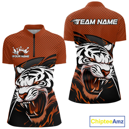 Custom Black And Orange Tiger Bowling Team Women Quarter-Zip Shirts, Bowling League Shirt IPHW9021