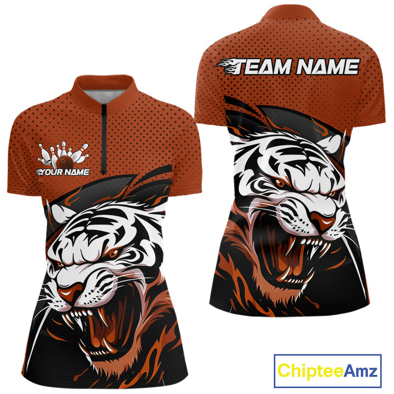 Custom Black And Orange Tiger Bowling Team Women Quarter-Zip Shirts, Bowling League Shirt IPHW9021