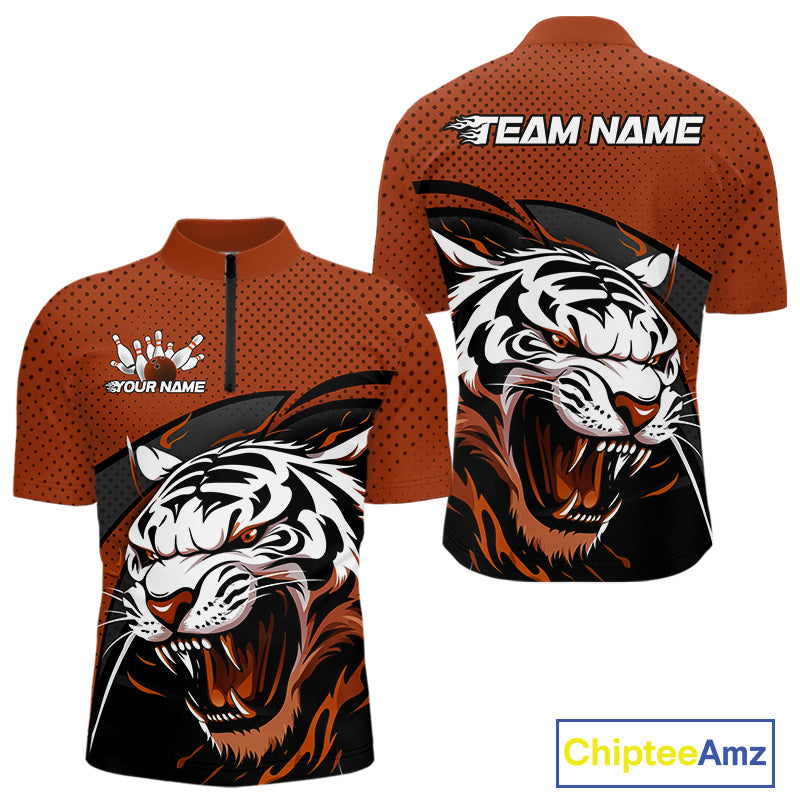 Custom Black And Orange Tiger Bowling Team Quarter-Zip Shirts For Men, Bowling League Shirt IPHW9021