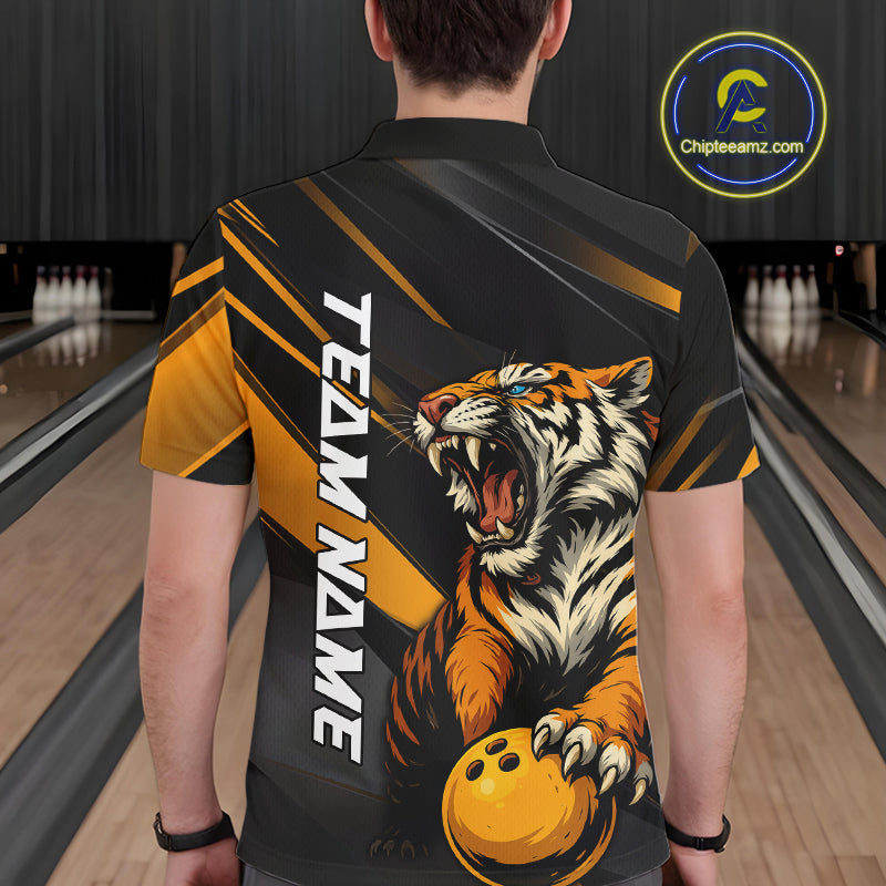 Personalized Tiger Bowling Team Men Polo Shirts, Black And Yellow Tiger Bowling Jerseys IPHW9022