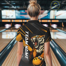 Load image into Gallery viewer, Personalized Tiger Bowling Team Women Polo Shirts, Black And Yellow Tiger Bowling Jerseys IPHW9022