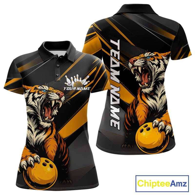 Personalized Tiger Bowling Team Women Polo Shirts, Black And Yellow Tiger Bowling Jerseys IPHW9022