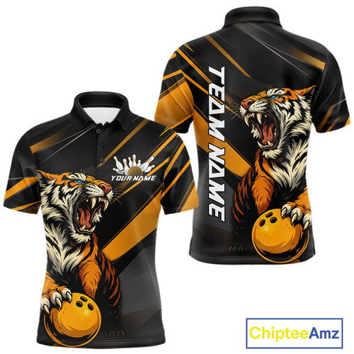 Personalized Tiger Bowling Team Men Polo Shirts, Black And Yellow Tiger Bowling Jerseys IPHW9022