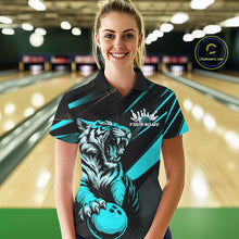 Load image into Gallery viewer, Personalized Tiger Bowling Team Women Polo Shirts, Black And Blue Tiger Bowling Jerseys IPHW9023