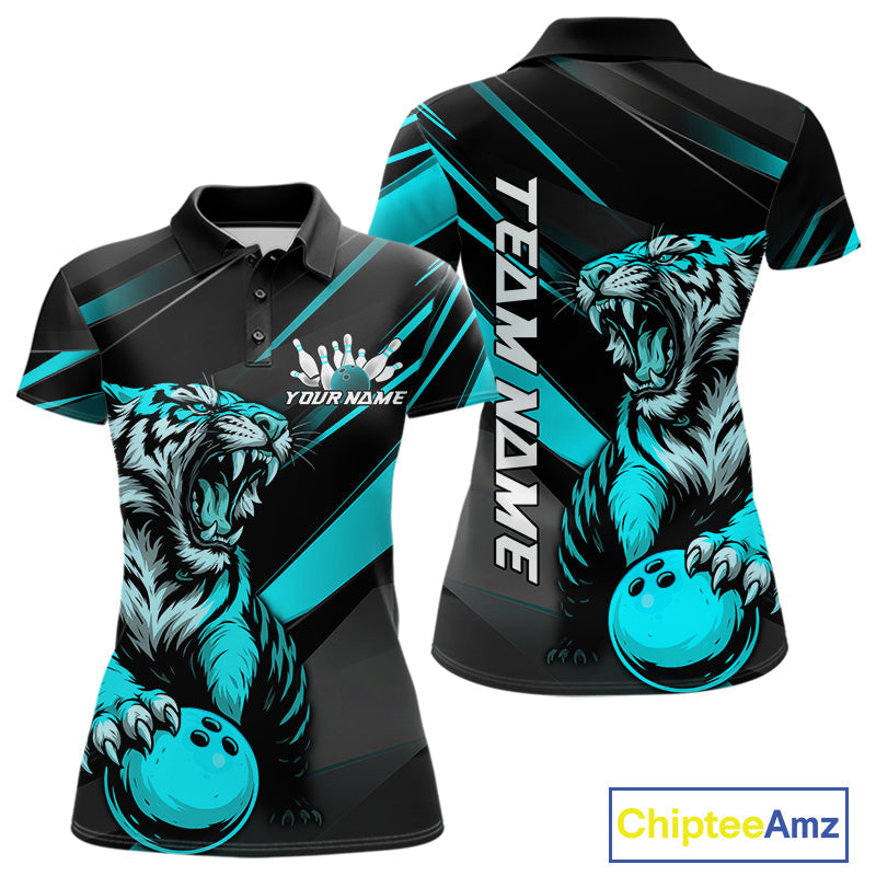 Personalized Tiger Bowling Team Women Polo Shirts, Black And Blue Tiger Bowling Jerseys IPHW9023