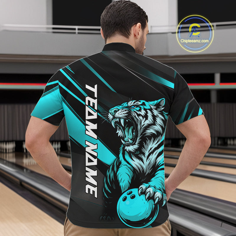 Personalized Tiger Bowling Team Men Quarter-Zip Shirts, Black And Blue Tiger Bowling Jerseys IPHW9023