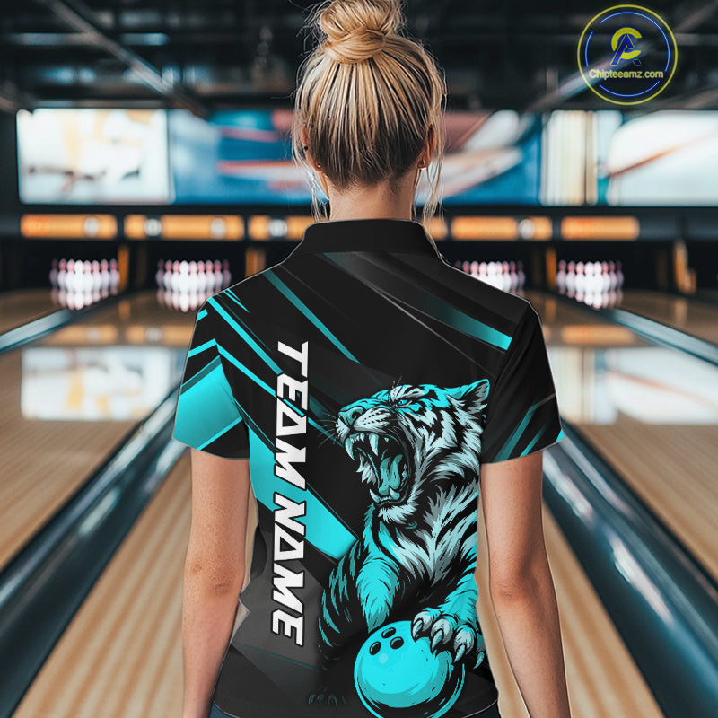 Personalized Tiger Bowling Team Women Quarter-Zip Shirts, Blue Tiger Bowling Jerseys IPHW9023