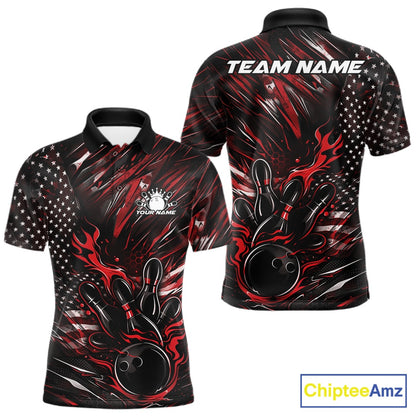 Front and back mockup of a black and red men’s bowling polo shirt showcasing a patriotic flaming bowling ball striking pins with American flag details.