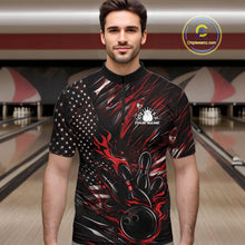 Load image into Gallery viewer, Custom Black And Red Patriotic Flame Bowling Jerseys, US Flag Bowling Shirt For Men IPHW11170
