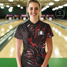 Load image into Gallery viewer, Custom Black And Red Patriotic Flame Bowling Jerseys, US Flag Bowling Shirt For Women IPHW11170