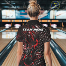 Load image into Gallery viewer, Custom Black And Red Patriotic Flame Bowling Jerseys, US Flag Bowling Shirt For Women IPHW11170