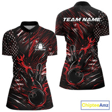 Load image into Gallery viewer, Custom Black And Red Patriotic Flame Bowling Jerseys, US Flag Bowling Shirt For Women IPHW11170