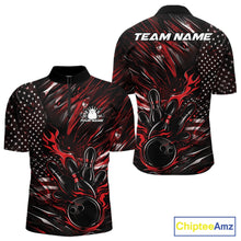 Load image into Gallery viewer, Custom Black And Red Patriotic Flame Bowling Jerseys, US Flag Bowling Shirt For Men IPHW11170