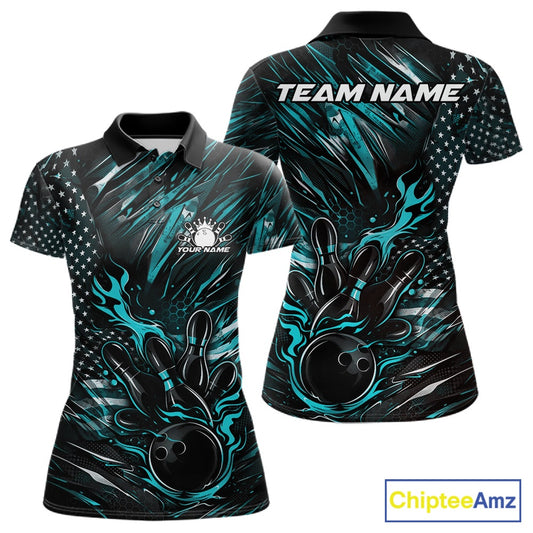 Front and back display of a black and turquoise blue women’s bowling polo shirt featuring a patriotic flaming bowling ball striking pins and flag-themed accents.