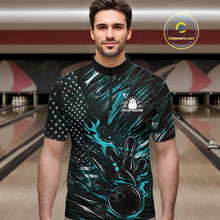Load image into Gallery viewer, Custom Turquoise Blue Patriotic Flame Bowling Jerseys, US Flag Bowling Shirt For Men IPHW11171