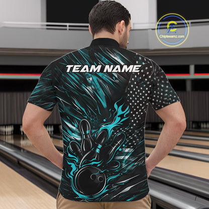 Front view of a male model in a bowling venue wearing a black and turquoise blue quarter-zip shirt featuring a flaming bowling ball and pin design.