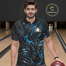 Load image into Gallery viewer, Custom Black And Blue Patriotic Flame Bowling Jerseys, US Flag Bowling Shirt For Men IPHW11172