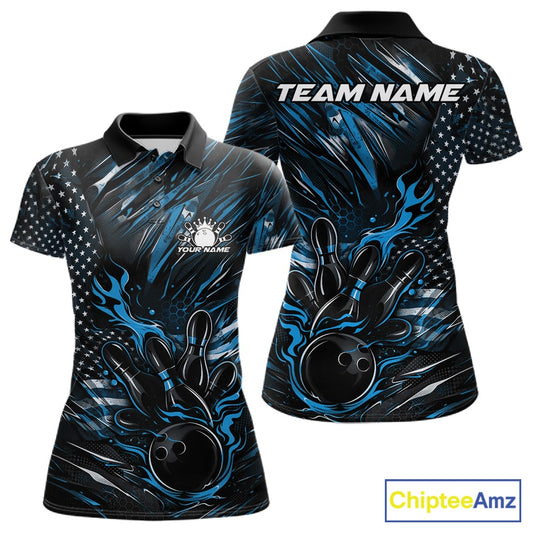 Front and back view of a black and blue women’s bowling polo shirt featuring a patriotic flaming bowling ball striking pins with American flag artwork.