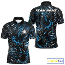 Load image into Gallery viewer, Custom Black And Blue Patriotic Flame Bowling Jerseys, US Flag Bowling Shirt For Men IPHW11172