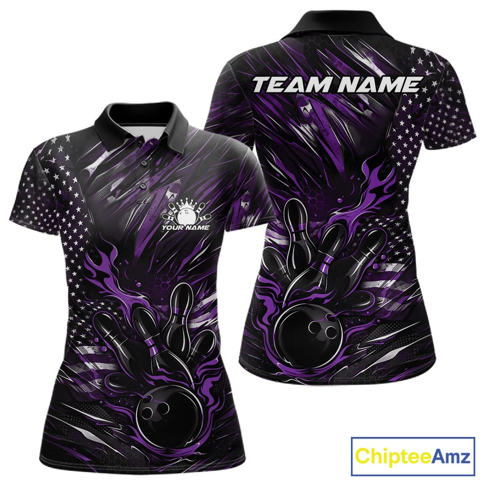 Front and back mockup of a black and purple women’s bowling polo shirt showcasing a patriotic flaming bowling ball striking pins with American flag accents.