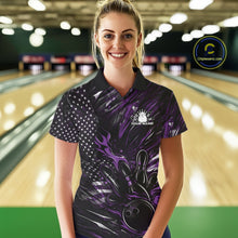 Load image into Gallery viewer, Custom Black And Purple Patriotic Flame Bowling Jerseys, US Flag Bowling Shirt For Women IPHW11173