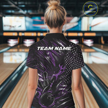 Load image into Gallery viewer, Custom Black And Purple Patriotic Flame Bowling Jerseys, US Flag Bowling Shirt For Women IPHW11173