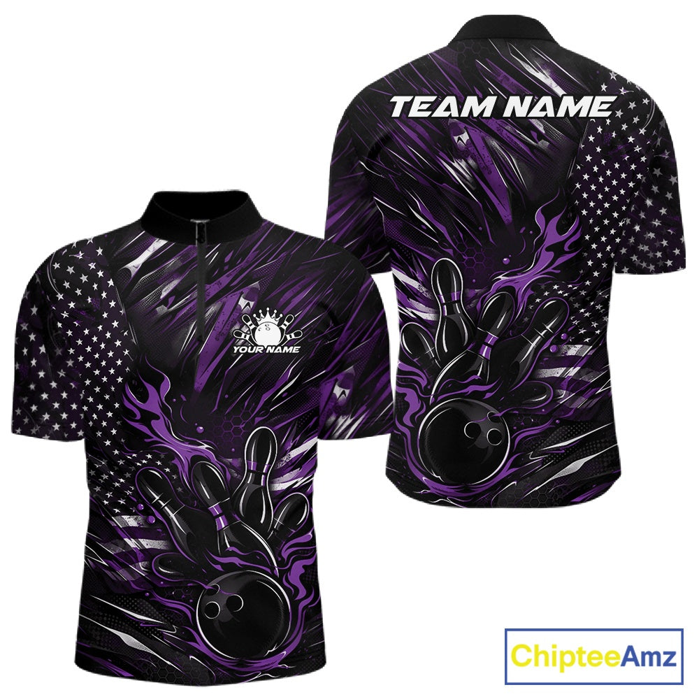 Front and back view of a black and purple men’s bowling quarter-zip shirt showcasing a patriotic flaming bowling ball striking pins with flag-inspired graphics.