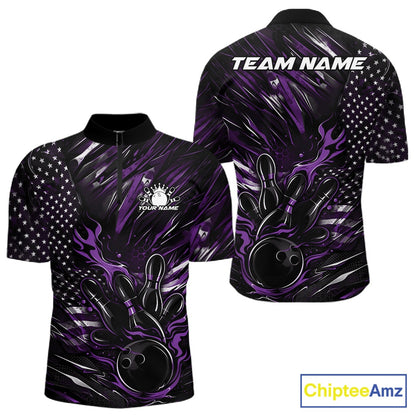 Front and back view of a black and purple men’s bowling quarter-zip shirt showcasing a patriotic flaming bowling ball striking pins with flag-inspired graphics.