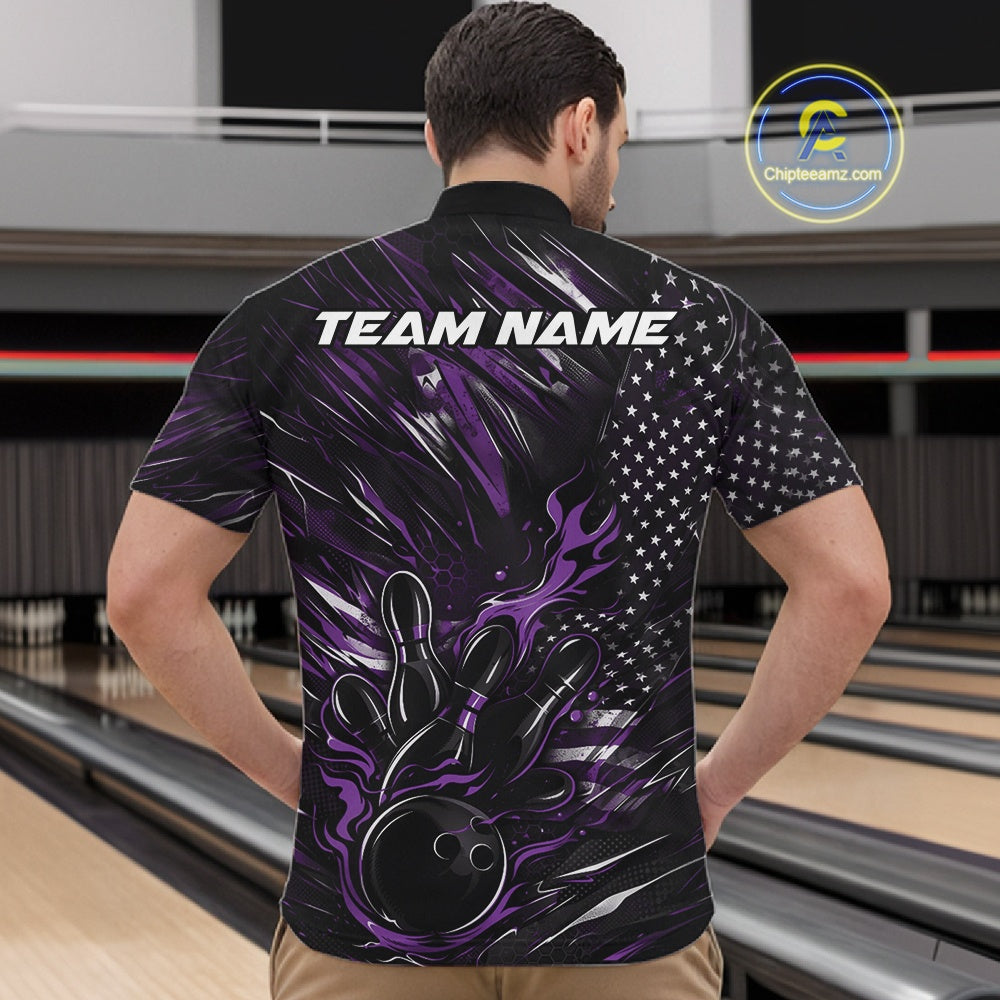 Front view of a male model in a bowling center wearing a black and purple quarter-zip shirt featuring a flaming bowling strike design.