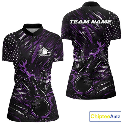 Women’s quarter zip bowling shirt mockup showcasing black and purple colorway with patriotic flames bowling ball hitting pins and flag-themed graphics