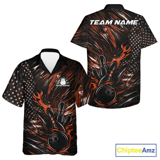 Front and back mockup of a black and orange button-up bowling shirt showcasing a patriotic flaming bowling ball striking pins with flag-themed artwork.