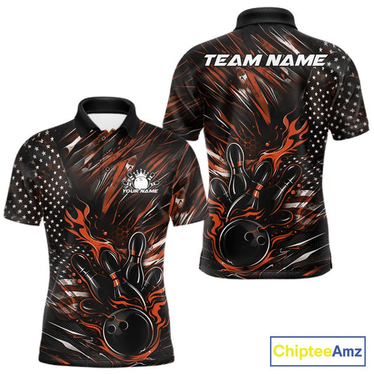 Front and back view of a black and orange men’s bowling polo shirt showcasing a patriotic flaming bowling ball striking pins with flag-themed graphics.