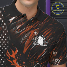 Load image into Gallery viewer, Custom Black And Orange Patriotic Flame Bowling Jerseys, US Flag Bowling Shirt For Men IPHW11174