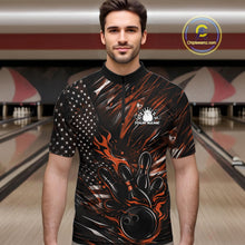 Load image into Gallery viewer, Custom Black And Orange Patriotic Flame Bowling Jerseys, US Flag Bowling Shirt For Men IPHW11174