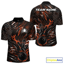 Load image into Gallery viewer, Custom Black And Orange Patriotic Flame Bowling Jerseys, US Flag Bowling Shirt For Men IPHW11174