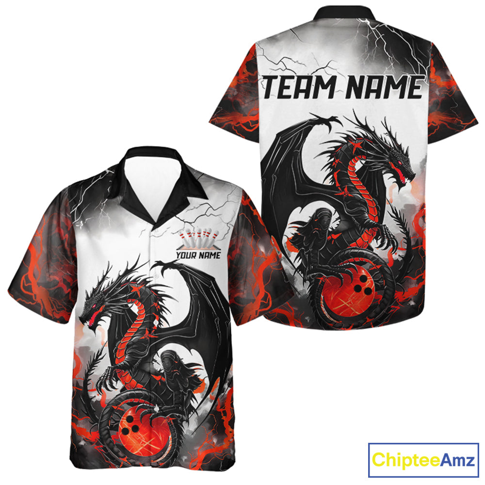 Front and back views of a custom unisex bowling button up shirt featuring a red dragon and lightning strikes design.