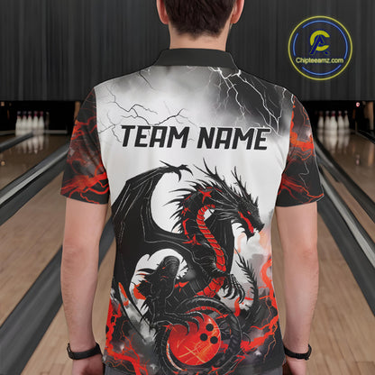 Back view of a male model in a bowling alley wearing a custom bowling polo shirt featuring a red dragon and lightning strikes design.