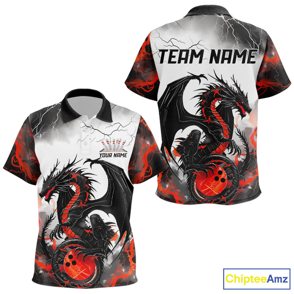 Front and back views of a custom kids bowling polo shirt featuring a red dragon and lightning strikes design.