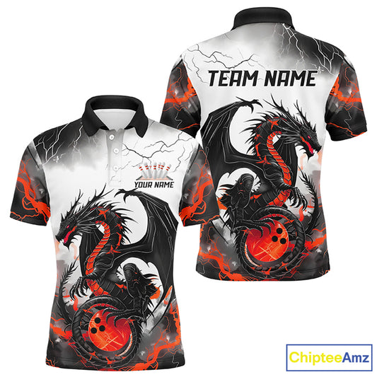 Front and back views of a custom mens bowling polo shirt featuring a red dragon and lightning strikes design.