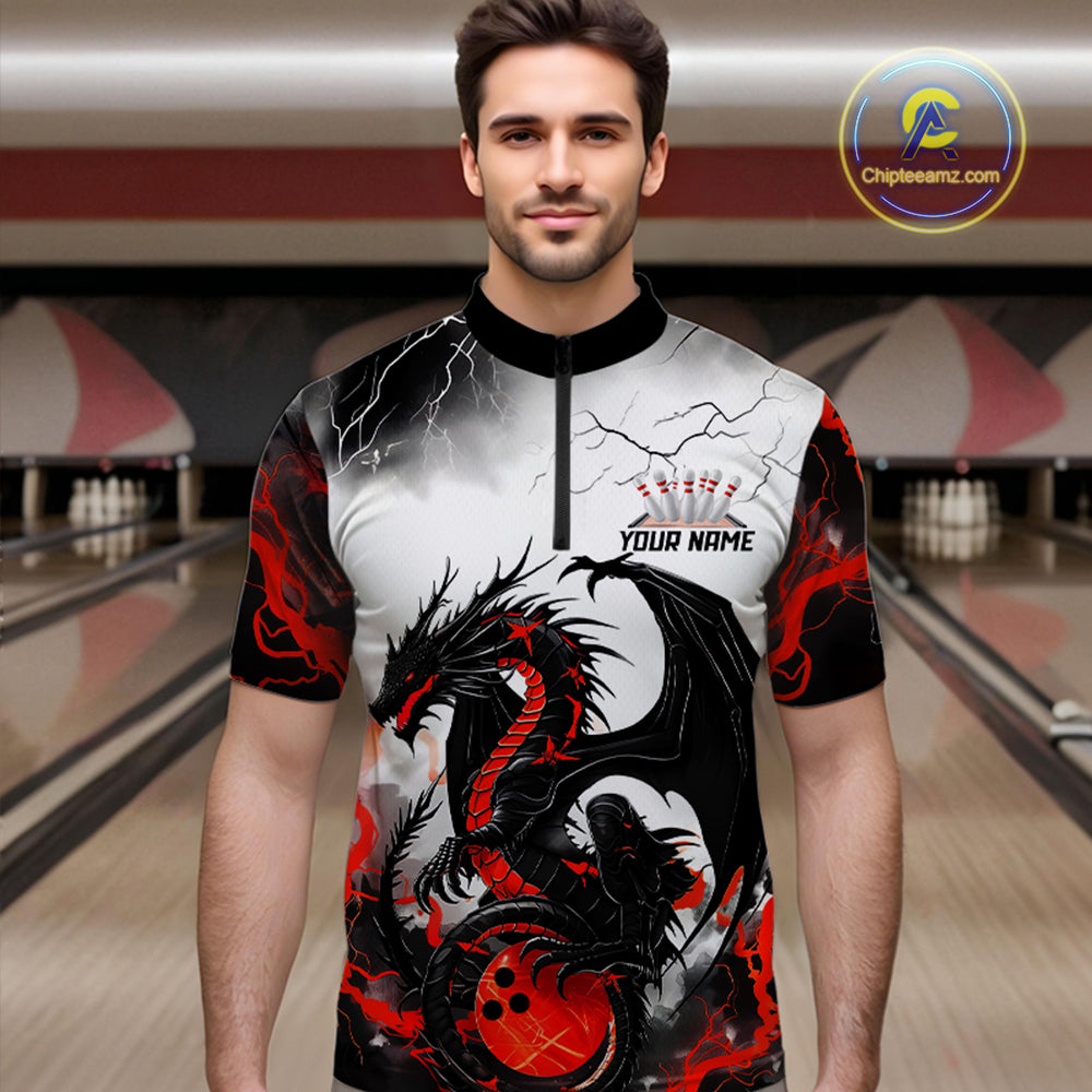 Front view of a male model in a bowling alley wearing a custom quarter-zip bowling shirt featuring a red dragon and lightning strikes design.